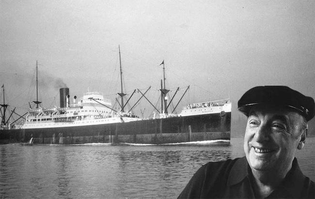 15.	Fotomontaje aparecido en prensalatina.cu con la imagen del barco y la foto del poeta Pablo Neruda.