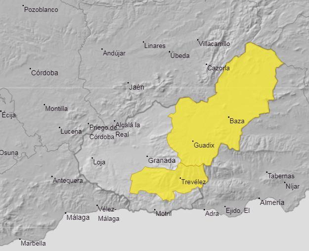 Mapa de las zonas con avisos amarillos en la provincia de Granada.