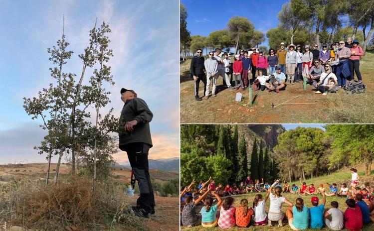 A la izquierda, un miembro de Operación Encina, y a la derecha, asociación Árboles Contra el Cambio Climático (arriba) y educación ambiental en Huerto Alegre. 