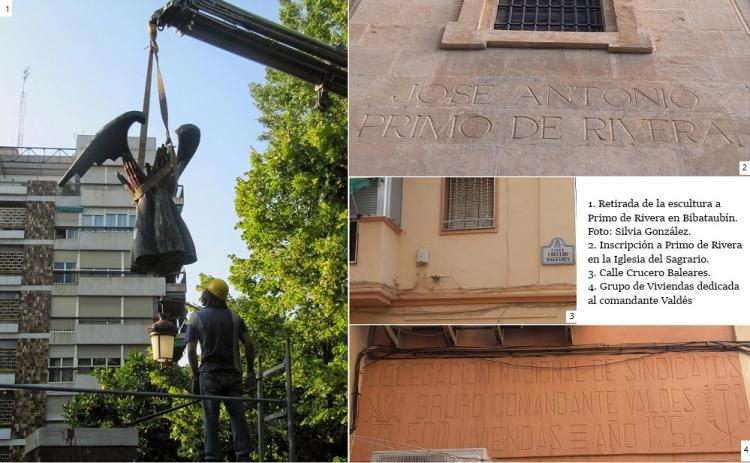 Imágenes de la retirada de la escultura a Primo de Rivera y de calles con rastro franquista.