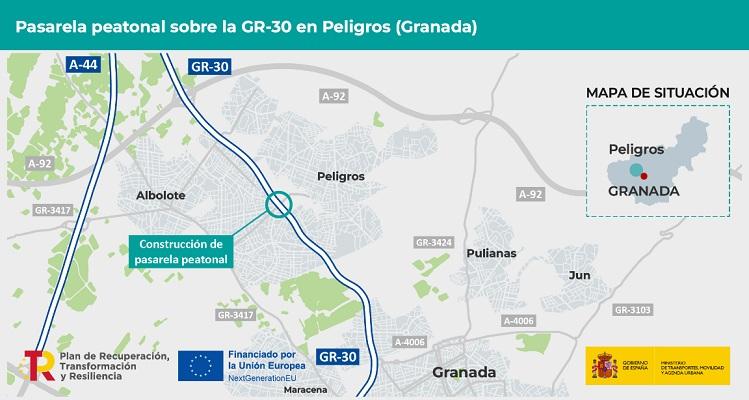 Mapa de ubicación de la pasarela peatonal que se construirá en la autovía. 