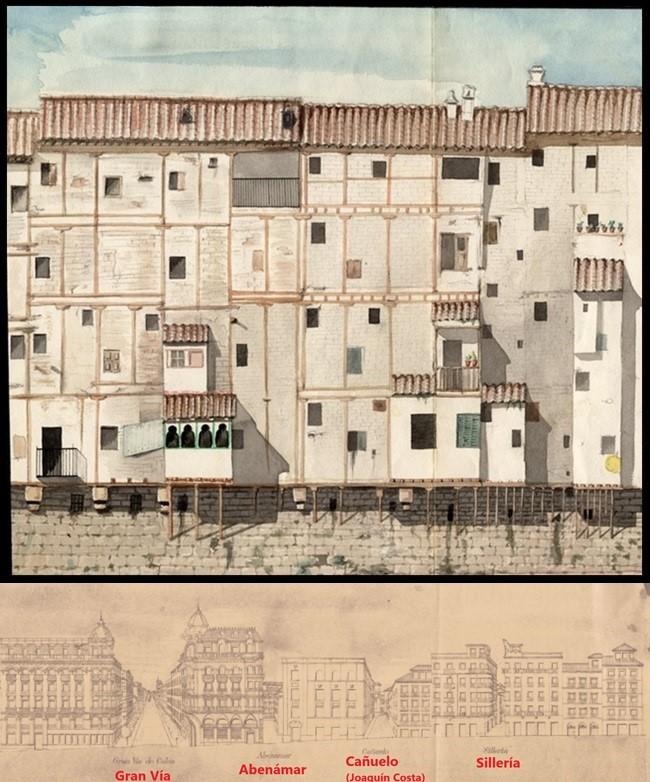 Arriba, dibujo que levantaron los cuatro arquitectos (en 1842) para dejar constancia de la pobre estructura y endeblez de los edificios colgados sobre el río. Debajo, alzado de las casas construidas en el siglo XX en lo que fue el Revés del Zacatín y hoy es final de Reyes Católicos. 