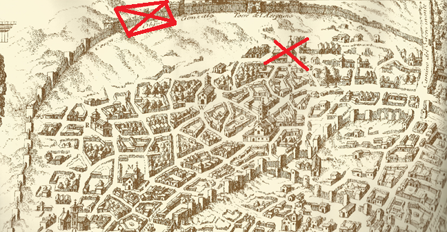 Las X rojas indican el paño de muralla y la iglesia de Santa Isabel de los Abades, situados en la ladera, que se llevó la riada por delante.
