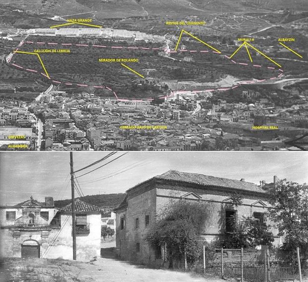 Vista aérea general (1957) de los terrenos que ocupó la villa rural de los Levanto en el siglo XVII, marcada en trazos rosas discontinuos. Debajo, parte el convento de San Antonio de Padua que quedaba en pie hace setenta años; a la izquierda, Carmen de los Ángeles, entrada a las huertas de los frailes hasta 1835.