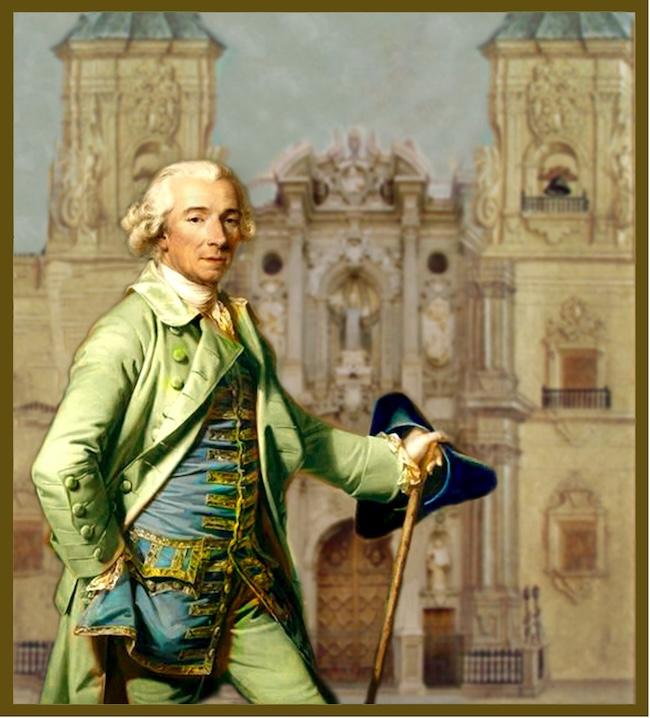 Retrato imaginario del mecenas Pedro Pascasio de Baños (vestido con traje de diario) ante la recién inaugurada iglesia de San Juan de Dios.