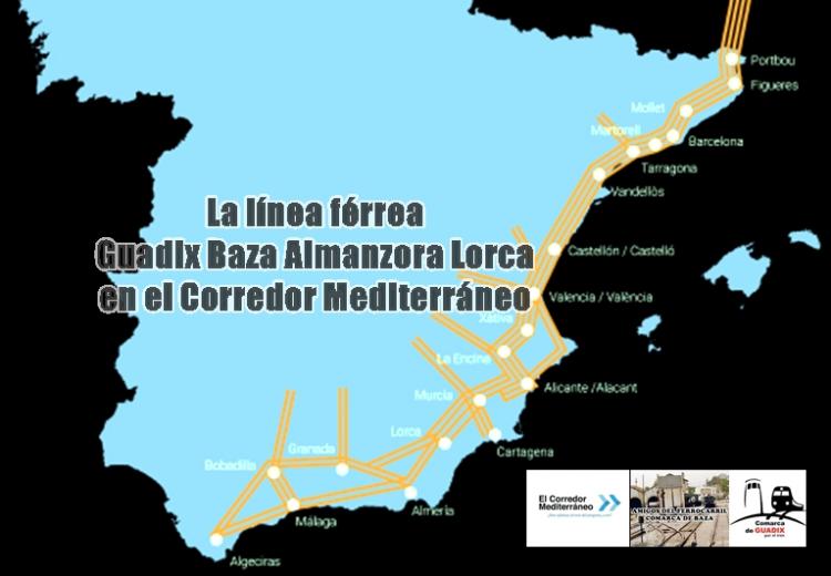 Mapa de la integración de la línea férrea del noreste granadino en el Corredor Mediterráneo.