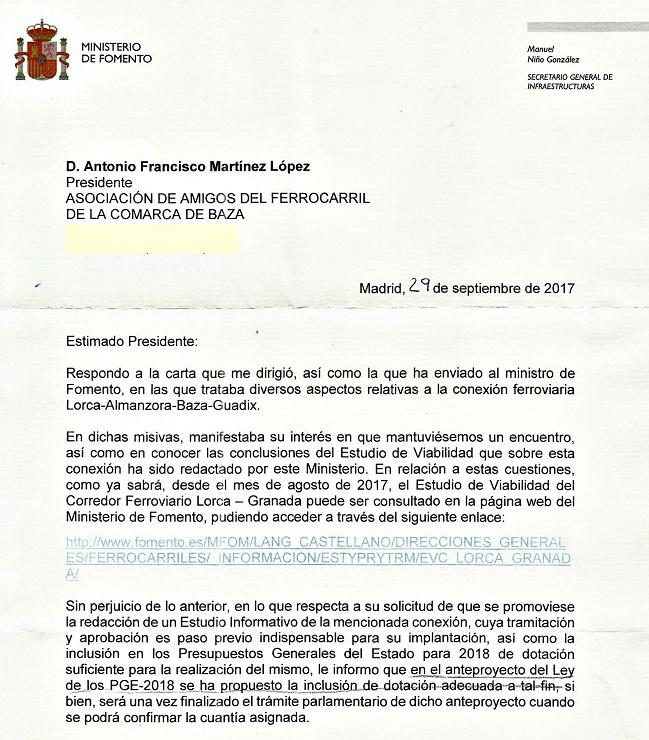 Carta remitida por Fomento.