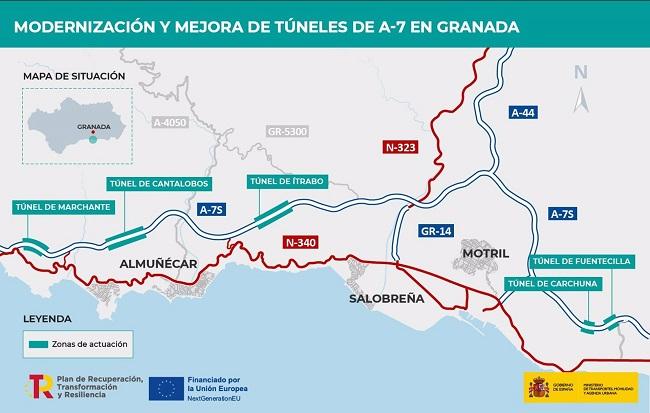 Planos de las obras de mejora de túneles en la A-7 en la provincia de Granada.