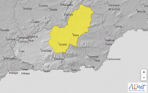 Mapa con el aviso amarillo en Guadix y Baza.