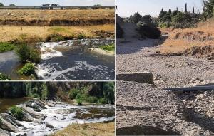 A la izquierda, el río Genil, lleno de espuma a su paso por la Vega, y el río Dílar, seco en su último tramo. 