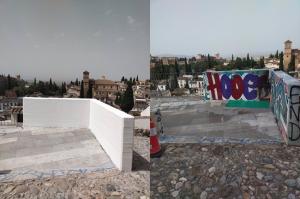 Antes y después de la retirada de un grafiti por Inagra. 
