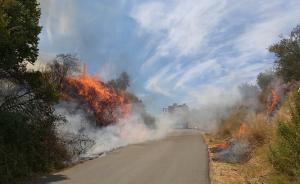 Uno de los vehículos de Bomberos, junto a las llamas de uno de los fuegos. 