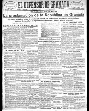 Portada de El Defensor de Granada, el 15 de abril de 1931.