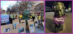 Fotos de la exposición-protesta de La Calle Mata (izquierda) y la acción de distintos colectivos para visibilizar luchas como la feminista.