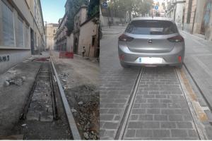 Tramo en colocación en López Argüeta (0,75 cm). A la derecha, ancho original de la calle Málaga (1 metro).