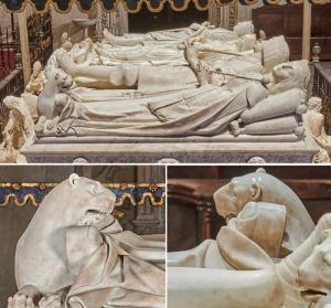 Mausoleo de los cuatro reyes en la Capilla Real. En primer término, el cenotafio de Juana la Loca. Debajo, detalles de los dos chapines, de unos 8 centímetros de alto; el derecho lleva cordones con lazada.