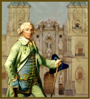 Retrato imaginario del mecenas Pedro Pascasio de Baños (vestido con traje de diario) ante la recién inaugurada iglesia de San Juan de Dios.