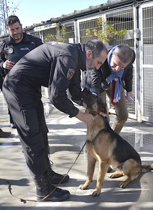 Stan Lee junto a uno de los agentes veteranos de la Unidad Canina y el concejal César Díaz.