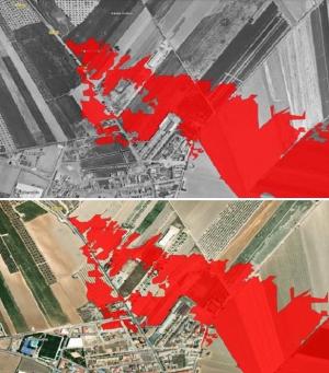 Arriba, imagen de 2004 y abajo, en la actualidad, con más construcciones en el área roja, zona inundable en Valderrubio. 