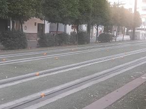 Naranjas caídas sobre las vías del Metro en Andaluces.