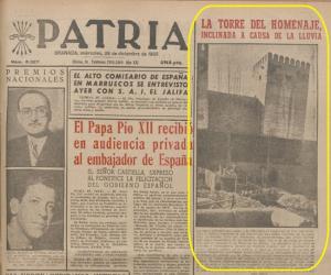 Portada de Patria, del día de Inocentes de 1955, donde presentaba una torre de la Alhambra inclinada por los recalos.