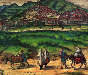 El monte antes de ser Sombrerete. En este grabado de 1564 se ve a la izquierda, parte superior de la ciudad, el monte Sombrero cuando aún no estaba redondeado ni lo circunvalaba una carretera. El autor lo dibujó fuera de la Cerca de Don Gonzalo. Así debió verlo el Gran Capitán en su aventura anterior a 1492.