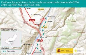 Imagen del tramo entre los kilómetros 463,8 y 465,6 de la carretera N-323A, de Bailén a Motril, y del ramal de conexión entre la autovía A-44 (de Sierra Nevada - Costa Tropical) y la N-323a, en Granada.