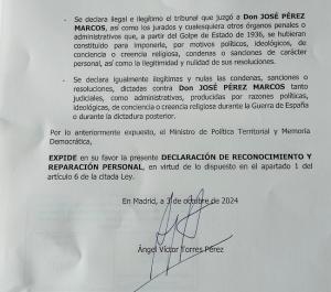 Documento de Declaración de Reconocimiento y Reparación Personal a favor de José Pérez Marcos, expedido por el Ministro de Política Territorial y Memoria Democrática, expedido por Ángel Víctor Torres el 30 de octubre de 2024. 